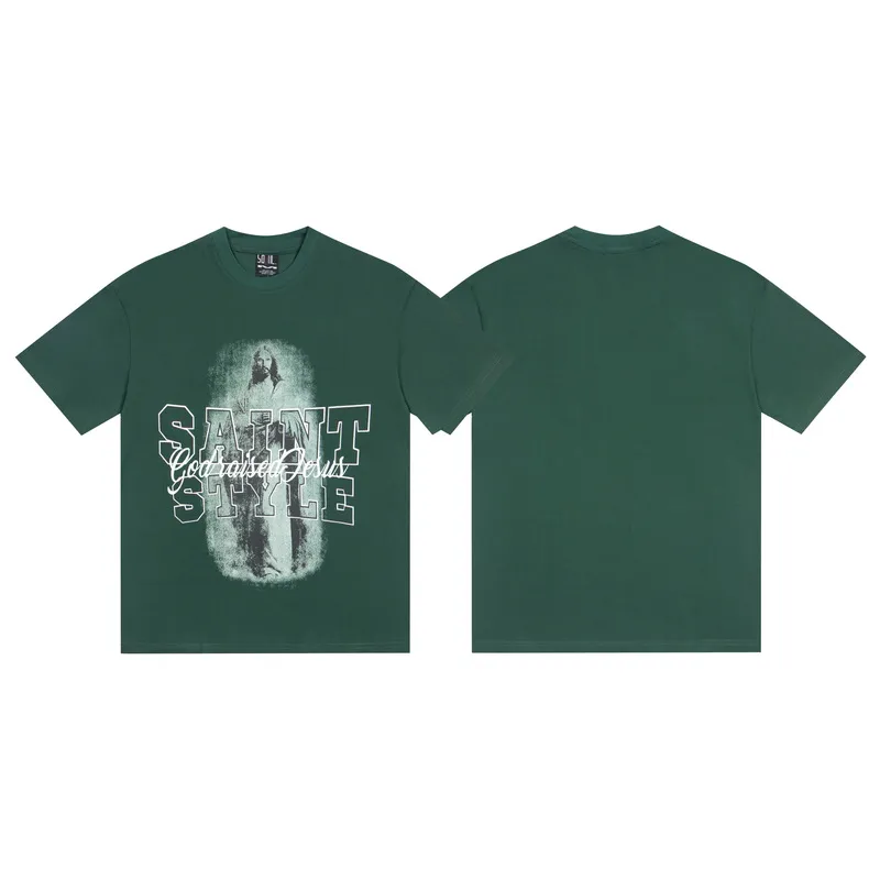 100💰 S07# Mechao SAINT white ink direct-injection pure cotton 260g loose short-sleeved T-shirt 27 black, green S-XL